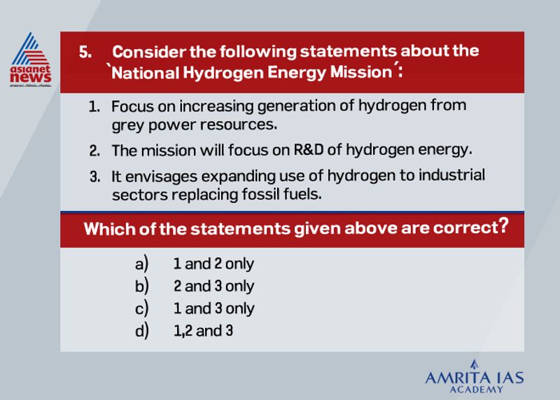 Answer (b) The Union Budget for 2021-22 has announced a National Hydrogen Energy Mission (NHM) that will draw up a road map for using hydrogen as an energy source. The mission focus on the generation of hydrogen from green power resources, where electricity is used to break water molecules to produce hydrogen replacing grey power sources like fossil fuels. The mission focuses on the R&D of hydrogen energy. And plan to replace fossil fuels in many sectors which will help in import substitution