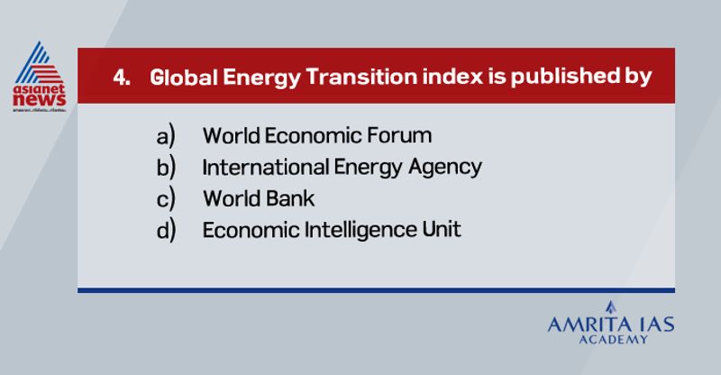 Answer (a) Global Energy Transition index is published by world Economic Forum. Sweden is in the first position followed by Norway (2nd), Denmark (3rd) and India ranks 87th.