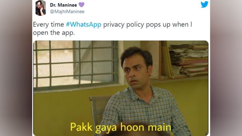 वहीं, व्हाट्सअप के प्राइवेसी पॉलिसी के पॉप्सअप की परेशानी को लेकर भी मीम बना है। इसमें लिखा है, 'जब भी मैं व्हाट्सअप ओपन करता हूं तो प्राइवेसी पॉलिसी का पॉप्सअप आता रहता है।'