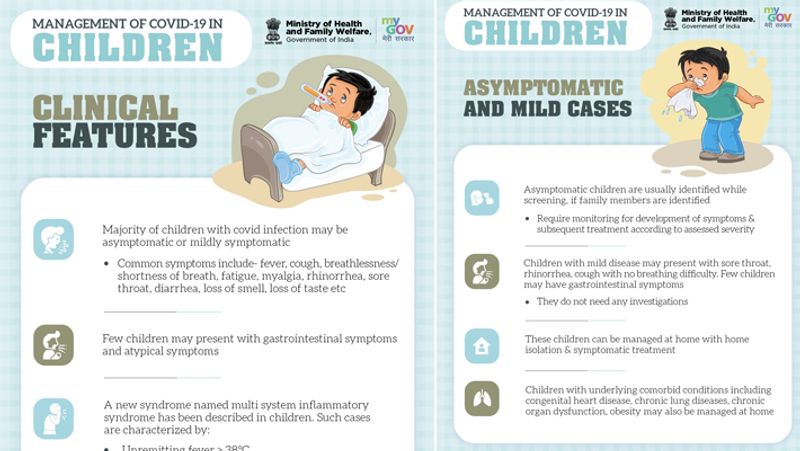 MyGovIndia के ट्विटर हैंडल पर शेयर किया गया है पोस्टर
MyGovIndia पर शेयर किए गए पोस्टर में एक्सपर्ट्स के हवाले से बताया गया है कि जो बच्चे कोविड-19 से प्रभावित हैं, उनमें हल्का बुखार, खांसी, जुकाम, मांसपेशियों में दर्द होना, दस्त, गले में खराश, थकान और लगातार नाक का बहना जैसे लक्षण शामिल हैं। इसके साथ ही उनमें पेट से जुड़ी समस्या भी देखने के लिए मिल रही है। 