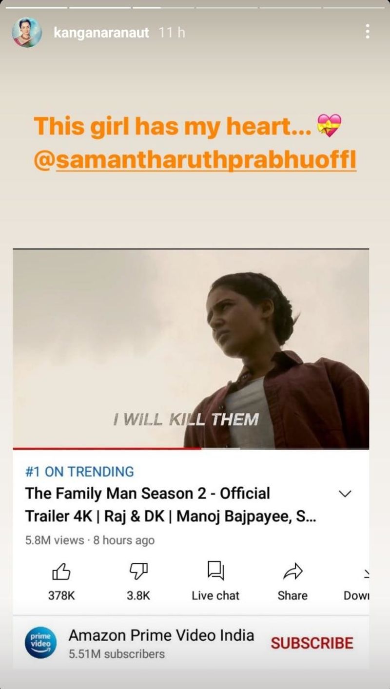 She wrote, “This girl has my heart.” Samantha shared Kangana’s post and thanked her for the praise. 