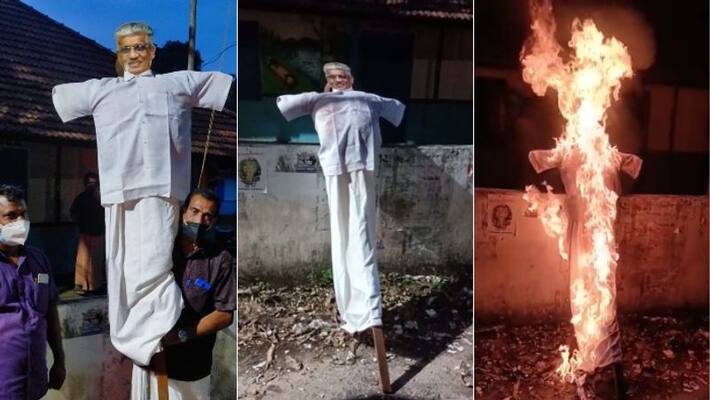 NSS members burned general secretary Sukumaran Nair effigies NSS members burned general secretary Sukumaran Nair effigies