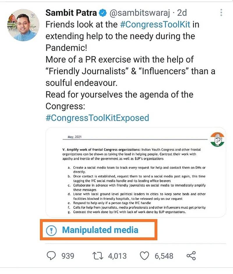 Twitter labels Sambit Patra tweet Congress toolkit manipulated media-VPN