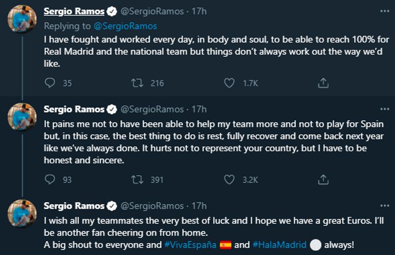 “I have fought and worked every day, in body and soul, to be able to reach 100% for Real Madrid and the national team, but things don’t always work out the way we’d like. It pains me not to have been able to help my team more and not to play for Spain, but, in this case, the best thing to do is rest, fully recover and come back next year like we’ve always done. It hurts not to represent your country, but I have to be honest and sincere,” he wrote on Twitter.
“I wish all my teammates the very best of luck and I hope we have a great Euros. I’ll be another fan cheering on from home. A big shout to everyone and #VivaEspaña and #HalaMadrid always!” he added.