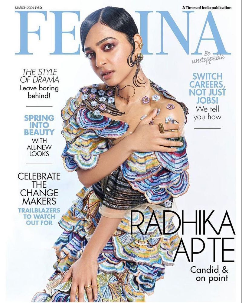 On the cover of Femina Radhika pulled off yet another completely different look in a multi-coloured one-shoulder layered dress with flowers decorating her shoulder and a sleek bun with wet wavy flicks. Radhika looked super glamourous in this unique, gorgeous look.