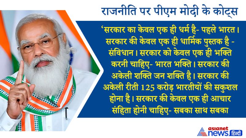 सरकार का केवल एक ही धर्म है- पहले भारत। सरकार की केवल एक ही धार्मिक पुस्तक है - संविधान। सरकार को केवल एक ही भक्ति करनी चाहिए- भारत भक्ति। सरकार की अकेली शक्ति जन शक्ति है। सरकार की अकेली रीती 125 करोड़ भारतीयों की सकुशल होना है। सरकार की केवल एक ही आचार संहिता होनी चाहिए- सबका साथ सबका विकास।