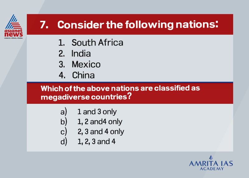 Answer (d) The identified Megadiverse Countries are United States of America; Mexico; Colombia; Ecuador; Peru; Venezuela; Brazil; Democratic Republic of Congo; South Africa; Madagascar; India; Malaysia; Indonesia; Philippines; Papua New Guinea; China and Australia. This is on the basis of richness in biodiversity and regions.