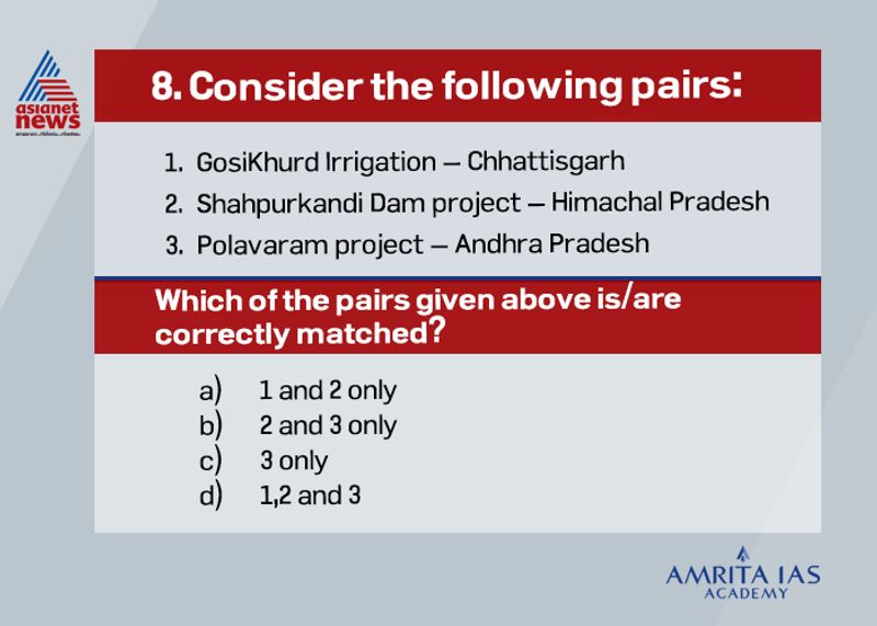 Answer (c) The three national projects of India areo GosiKhurd Irrigation Project also known as Indira Sagar Irrigation Project is on the river Wainganga, in Maharashtra.o Shahpurkandi Dam project is on Ravi River in Pathankot district, Punjab, India.o Polavaram project is in Andhra Pradesh across river Godavari.