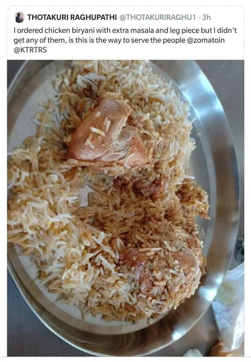Hyderabad man complains to minister about lack of leg piece in biryani ckm
