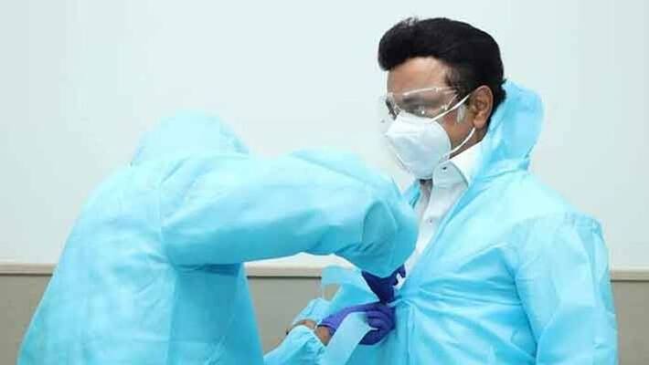 CM Stalin meets corona patients wearing PPE kit CM Stalin meets corona patients wearing PPE kit