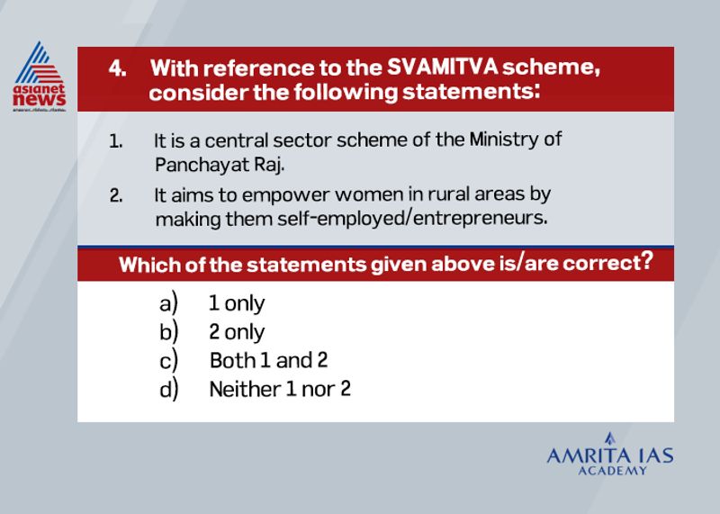 Answer (a) The scheme was launched nationally on April, 2021 after the successful completion of pilot phase in 9 states. It aims to provide property cards to rural residents through the survey conducted by drones. This will create more precise and accurate land records on the country.