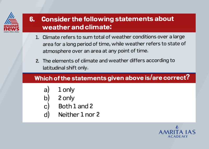Answer (a) Climate is the average weather in a place over many years. The weather can change in just a few hours whereas climate takes millions of years to change. The elements of weather and climate are the same, i.e. temperature, atmospheric pressure, wind, humidity and precipitation. At any point of time, the elements to decide the weather and climate of the region remains constant.