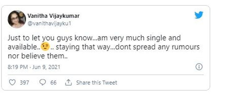இதற்க்கு தன்னுடைய சமூக வலைத்தளத்தில் பதிலளித்துள்ள வனிதா விஜயகுமார், நான் இப்போது சிங்கிள் மற்றும் அவைலபிள். தயவு செய்து எனது திருமணம் குறித்த வதந்திகளை யாரும் நம்ப ’என்று பதிவு செய்துள்ளார். இந்த ட்விட்டரில் ஆகிவருகிறது