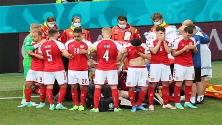Denmark Players form man wall for collapsing Christian Eriksen get wide applause Denmark Players form man wall for collapsing Christian Eriksen get wide applause
