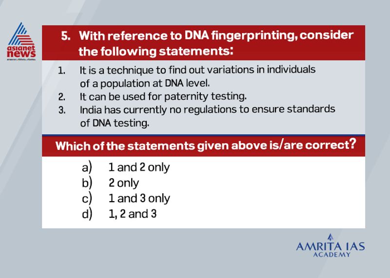 Answer (a)
For the use and regulation of DNA fingerprinting, DNA Technology Act was passed in 2018.
DNA fingerprinting has got immense applications from genetic level variation, forensic science, evolutionary biology etc.
