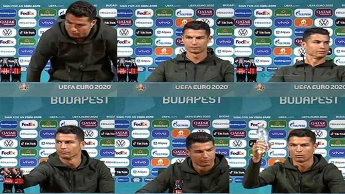 Cristiano Ronaldo removes cold drink bottles during press conference, says to Drink water, video goes viral dva Cristiano Ronaldo removes cold drink bottles during press conference, says to Drink water, video goes viral dva