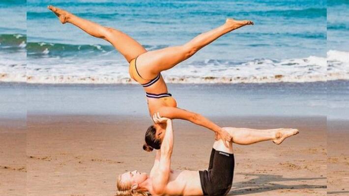 actress aashka shares yoga picture with husband actress aashka shares yoga picture with husband