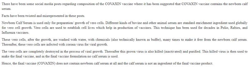 Reality behind Covaxin contains the newborn calf serum