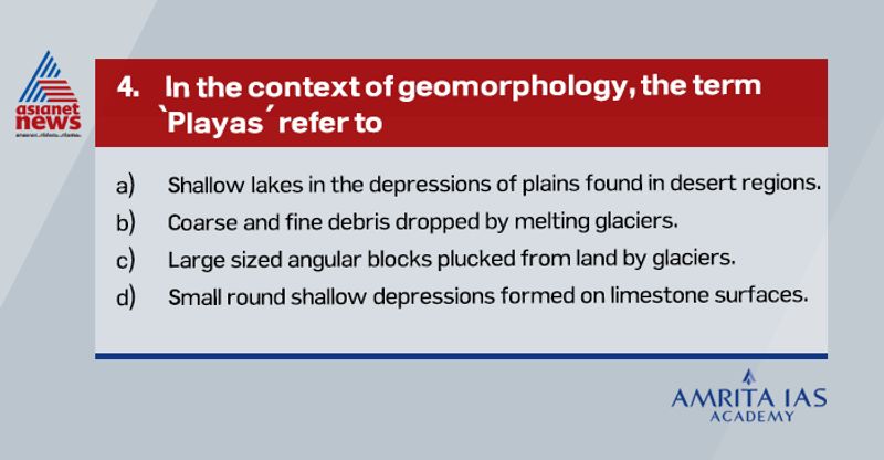 Answer (a)
Playas are landforms formed by the action of water in deserts.
The water collected in depressions does not completely disappear by evaporation or seepage covering the depression or plain with a shallow water body.
Playas contain heavy deposition of salts.
