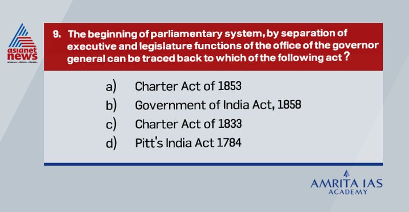 Answer (a)
The charter act of 1853 separated for the first time, the executive and legislative function of the governor general’s office.
It provided the addition of 6 legislative councilors creating a separate legislative council which acts as mini parliament.

