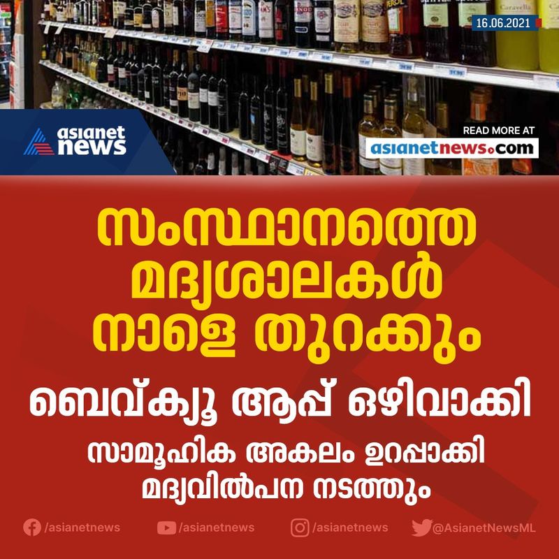 ബെവ്കോ തുറക്കുന്നത് സംബന്ധിട്ട ആശങ്കകള്ക്ക് വിരാമം. നാളെ മുതല് സാമൂഹിക അകലം പാലിച്ച് ബെവ്കോ ഔട്ട്ലെറ്റുകല് തുറക്കും. അതോടൊപ്പം കഴിഞ്ഞ ലോക്ഡൌണ്കാലത്ത് സര്ക്കാര് പുറത്തിറക്കിയ ബെവ്ക്യു ആപ്പ് ഒഴിവാക്കി. നേരത്തെ ആപ്പ് വഴി ബുക്ക് ചെയ്തവര്ക്ക് മാത്രമേ മദ്യം നല്കുയെന്ന അറിയിപ്പുണ്ടായിരുന്നു. എന്നാല് നിലവില് ആ ഉത്തരവ് പിന്വലിച്ചു. 