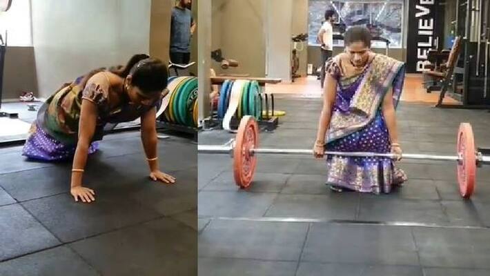 woman in saree does push ups and weight training in viral video woman in saree does push ups and weight training in viral video