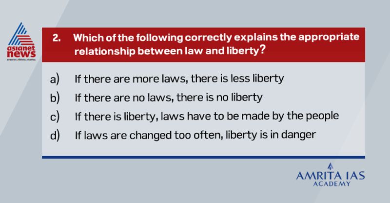 Answer (b)
Law promotes liberty. The more law there is the, more liberty there is. And as soon as law ends, liberty also ceases to exist.
Where there are no laws to protect or provide freedom and liberty, violations of the same take place.