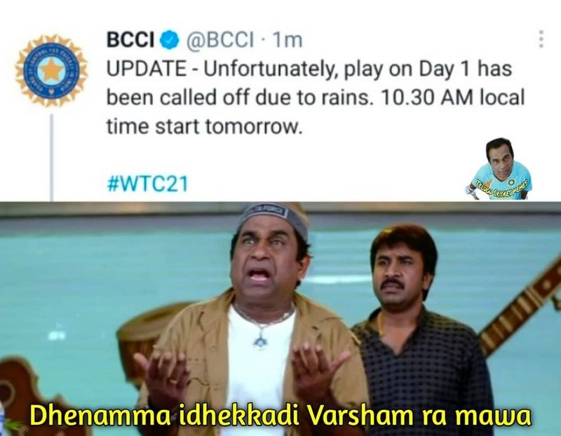 వర్షం కారణంగా ఐసీసీ వరల్డ్ టెస్టు ఛాంపియన్షిప్ ఫైనల్ తొలి రోజు ఆట రద్దు కావడంతో సోషల్ మీడియాలో వైరల్ అవుతున్న మీమ్సీ...