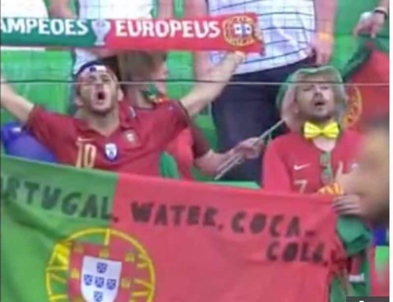 EURO 2020 Portugal fans banner on Cristiano Ronaldo Coca Cola bottle incident