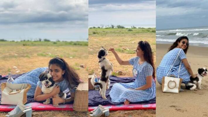 keerthi suresh shares beach picnic photo with pet nyke keerthi suresh shares beach picnic photo with pet nyke