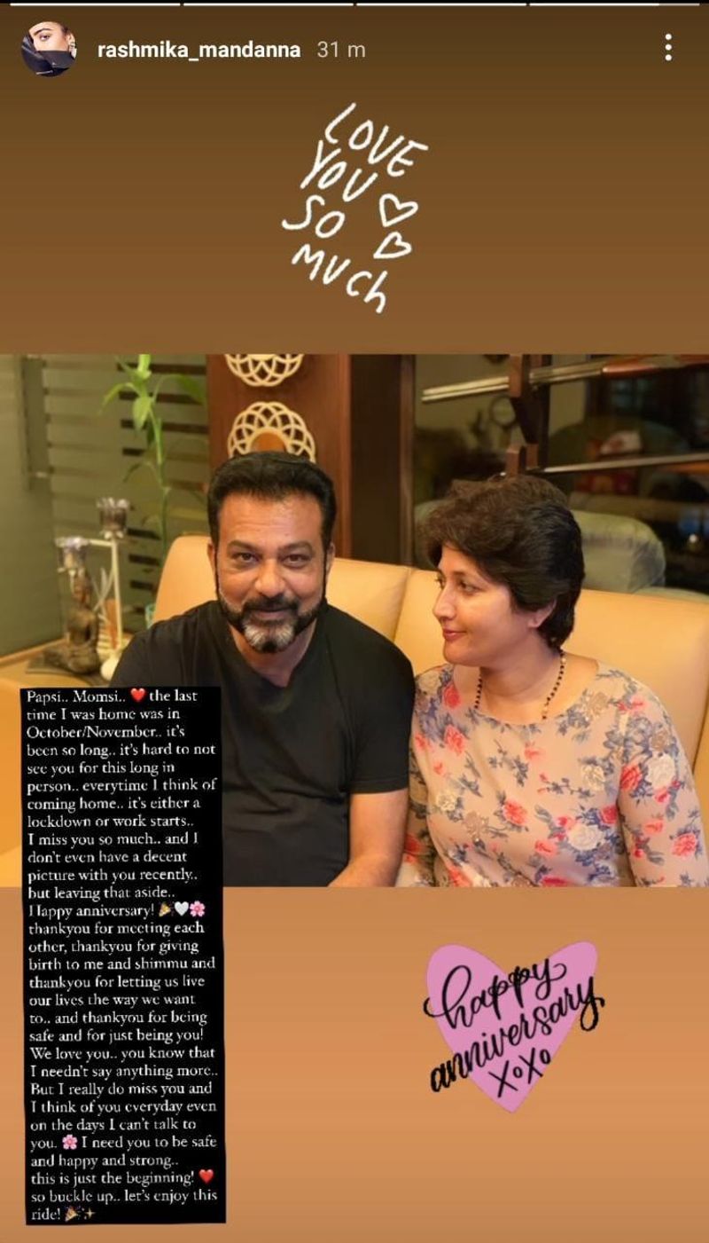 Sharing an adorable photo of her parents, Rashmika wished her parents a 'Happy Anniversary' and penned a lengthy note expressing how much she loves them. She wrote, "the last time I was home in October/November...it's been so long... it's hard to not see you for this long in person..every time I think of coming home, it's either a lockdown or work starts...I miss you so much...and I don't even have a decent picture with you recently but leaving that aside....Happy anniversary! 