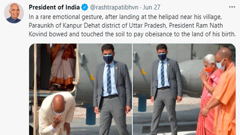 क्या है सच्चाई
वायरल हो रही तस्वीर पूरी तरह से गलत है। राष्ट्रपति के ट्विटर हैंडल से भी इस तस्वीर को शेयर किया गया था। ट्वीट में लिखा गया था कि कोविंद कानपुर देहात स्थित अपने गांव परौंख पहुंचे और अपनी जन्मभूमि की मिट्टी को छूकर नमन किया। अपनी गांव की जमीन पर पैर रखते ही कोविंद भावुक हो गए थे और इसे चूम लिया था। 