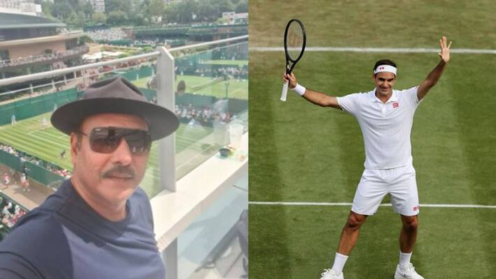 Ravi Shastri enjoys Roger Federer's match at Wimbledon 2021 during break after wtc final spb Ravi Shastri enjoys Roger Federer's match at Wimbledon 2021 during break after wtc final spb