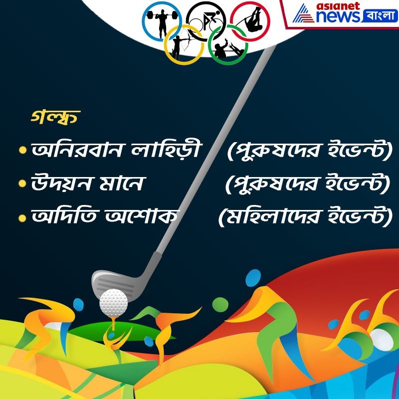 গল্ফ- অনিরবান লাহিড়ী (পুরুষদের ইভেন্ট) উদয়ন মানে (পুরুষদের ইভেন্ট) অদিতি অশোক (মহিলাদের ইভেন্ট)