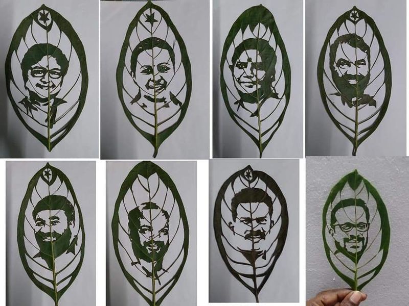 മുഖ്യമന്ത്രി പിണറായി വിജയന്റതടക്കമുള്ള കേരളത്തിലെ പതിനഞ്ചാം മന്ത്രിസഭയിലെ മന്ത്രിമാരുടെ ചിത്രം ജോബിലാല് ഇലയില് ചെയ്തെടുത്തപ്പോള്.
