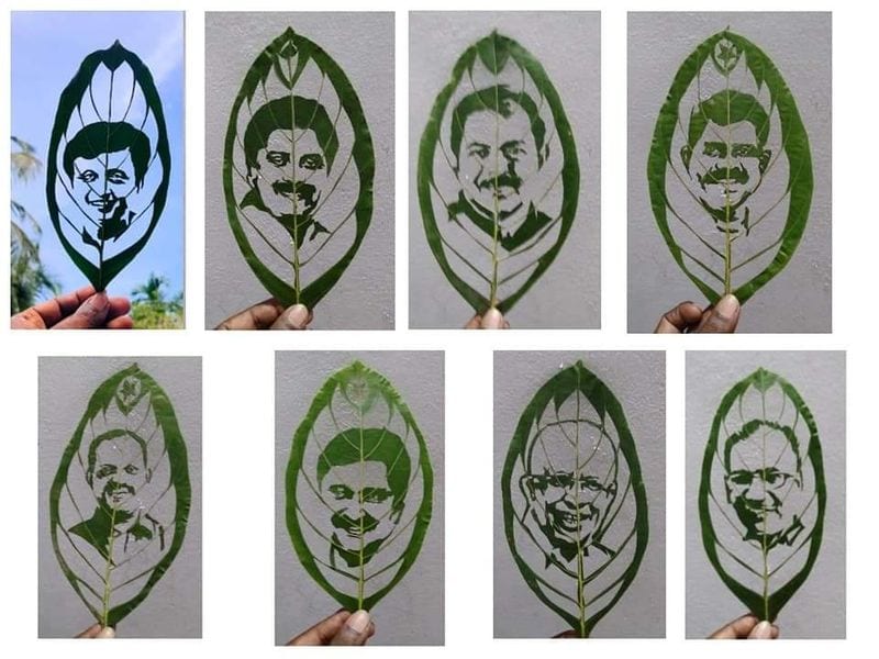 മുഖ്യമന്ത്രി പിണറായി വിജയന്റതടക്കമുള്ള കേരളത്തിലെ പതിനഞ്ചാം മന്ത്രിസഭയിലെ മന്ത്രിമാരുടെ ചിത്രം ജോബിലാല് ഇലയില് ചെയ്തെടുത്തപ്പോള്.
