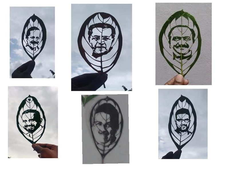 മുഖ്യമന്ത്രി പിണറായി വിജയന്റതടക്കമുള്ള കേരളത്തിലെ പതിനഞ്ചാം മന്ത്രിസഭയിലെ മന്ത്രിമാരുടെ ചിത്രം ജോബിലാല് ഇലയില് ചെയ്തെടുത്തപ്പോള്.
