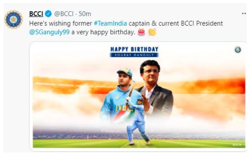 জন্মদিনে প্রাক্তন অধিনায়ক ও বর্তমান বিসিসিআই প্রেসিডেন্টকে শুভেচ্ছা জানিয়ে ভারতীয় ক্রিকেট বোর্ড। সৌরভের প্লেয়ার জীবনের ও বর্তমানের জীবনে ছবির কোলাজ শেয়ার করা হয়।