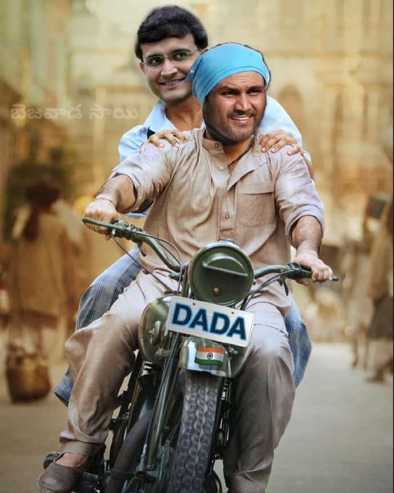 దాదా పుట్టినరోజు సందర్భంగా ‘ఆర్ఆర్ఆర్’లో ఎన్టీఆర్, రామ్చరణ్ బైక్ నడుపుతున్న ఫోటో ఎడిట్ని పోస్టు చేశాడు వీరేంద్ర సెహ్వాగ్. ఇందులో ఎన్టీఆర్గా వీరూ బండి నడుపుతుంటే, దాదా వెనకాల అతని మీద చేతులు వేసి కూర్చున్నాడు...