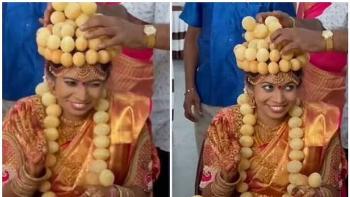 Desi bride wears crown and garland made of panipuri Desi bride wears crown and garland made of panipuri
