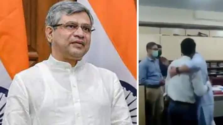 Viral video, Railway minister hugs employee on finding out he is alumnus of his college kpa Viral video, Railway minister hugs employee on finding out he is alumnus of his college kpa