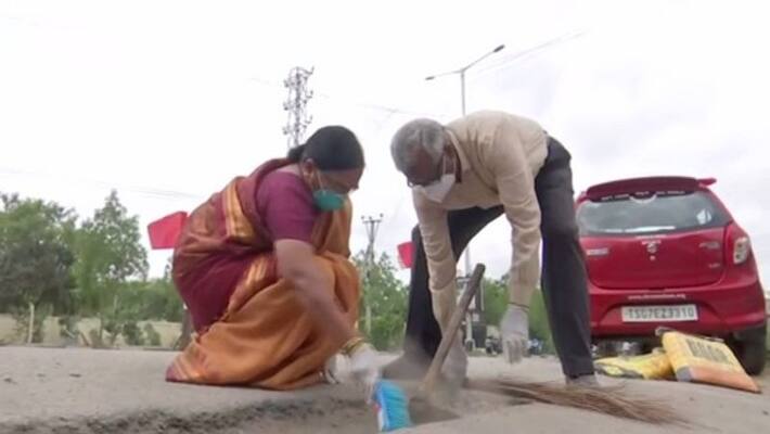 Old couple from Hyderabad spends pension funds to fill potholes on roads dva