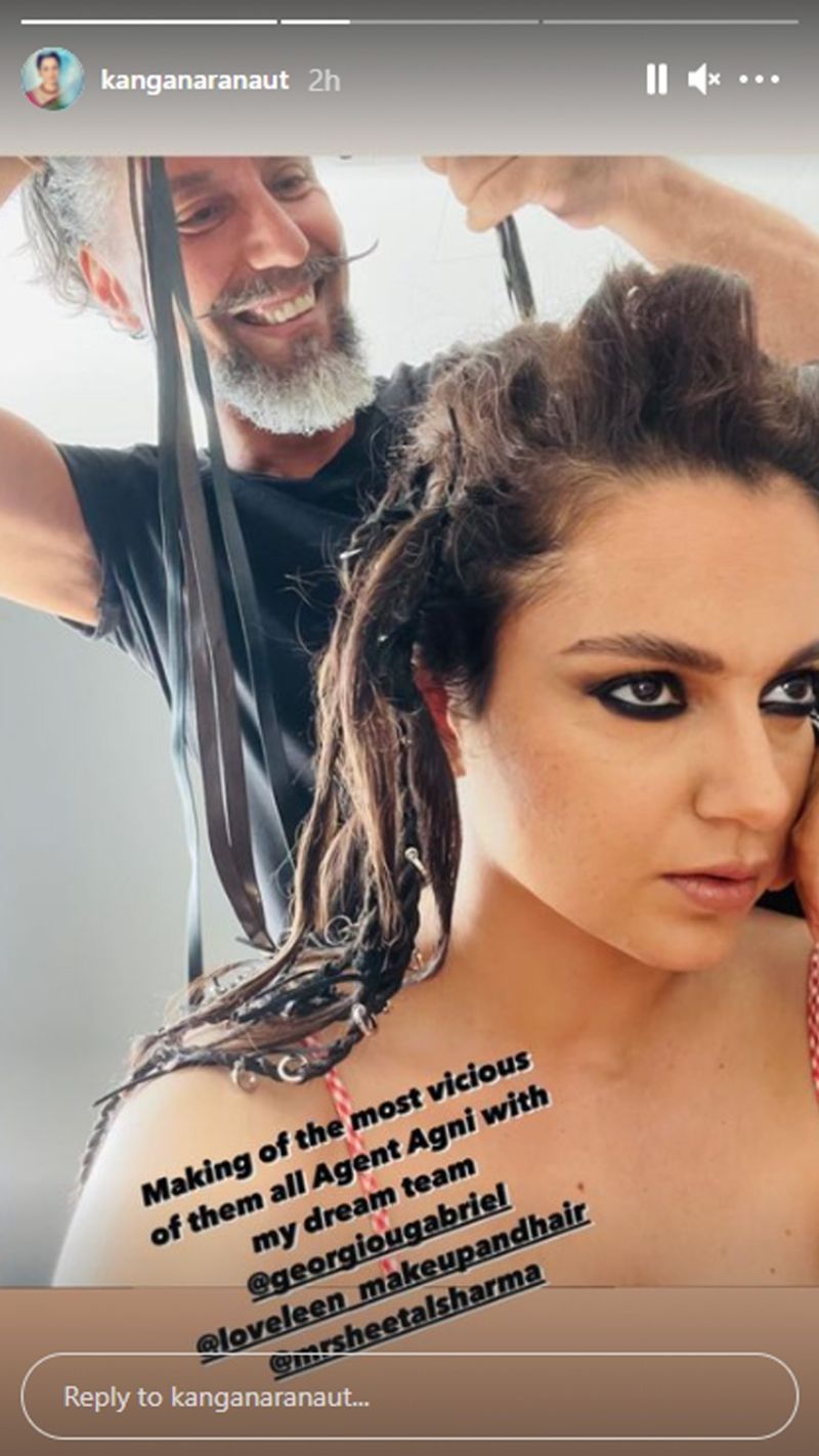Kangana posted one of her looks from 'Dhaakad' on her Instagram story and wrote: "Making of the most vicious of them all 'Agent Agni' with my dream team."