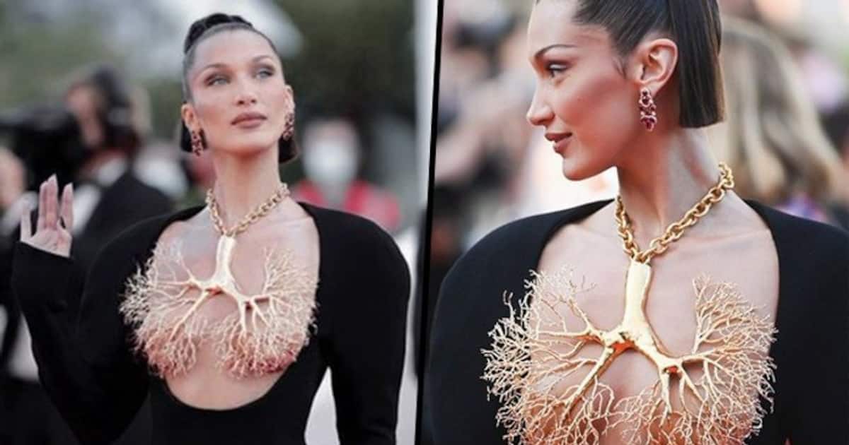 Bella Hadid In Frontless Gown Flaunts Her Golden Lung Necklace