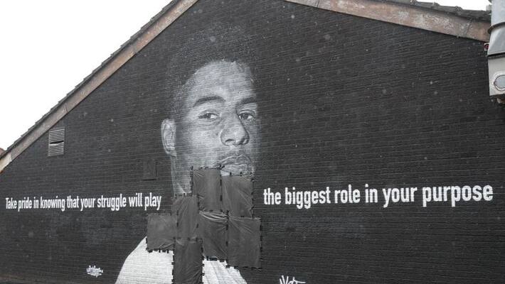 Marcus Rashford mural in manchester vandalised by England fans Marcus Rashford mural in manchester vandalised by England fans