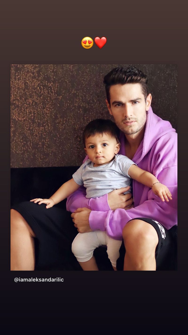 Meanwhile, in the following picture, Agastya is seen sitting on the lap of Natasa's best friend Aleksandar Alex Ilic.