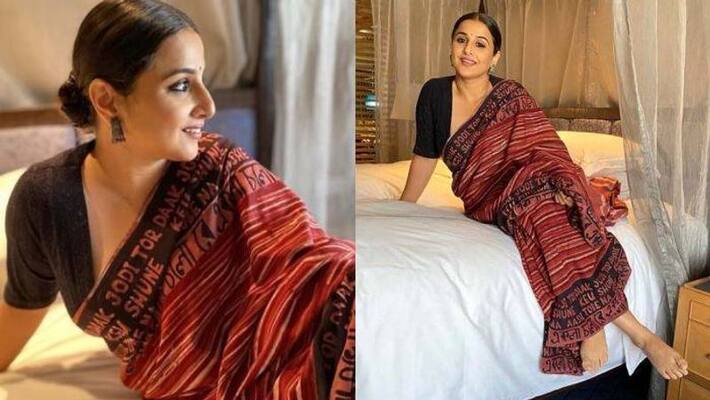Vidya Balan drapes Song lyrics printed saree Vidya Balan drapes Song lyrics printed saree