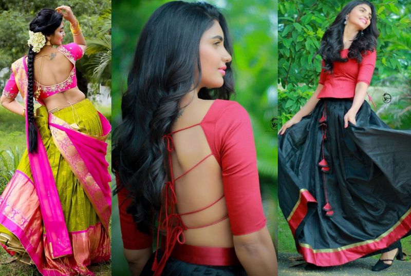 తాజాగా బ్యాక్ లెస్ జాకెట్ ధరించి వీపు మొత్తం చూపిస్తూ ఫోటో షూట్ చేసింది. సాంప్రదాయ లంగా జాకెట్ లో కూడా సెక్సీ లుక్ తో కేకపుట్టింది.