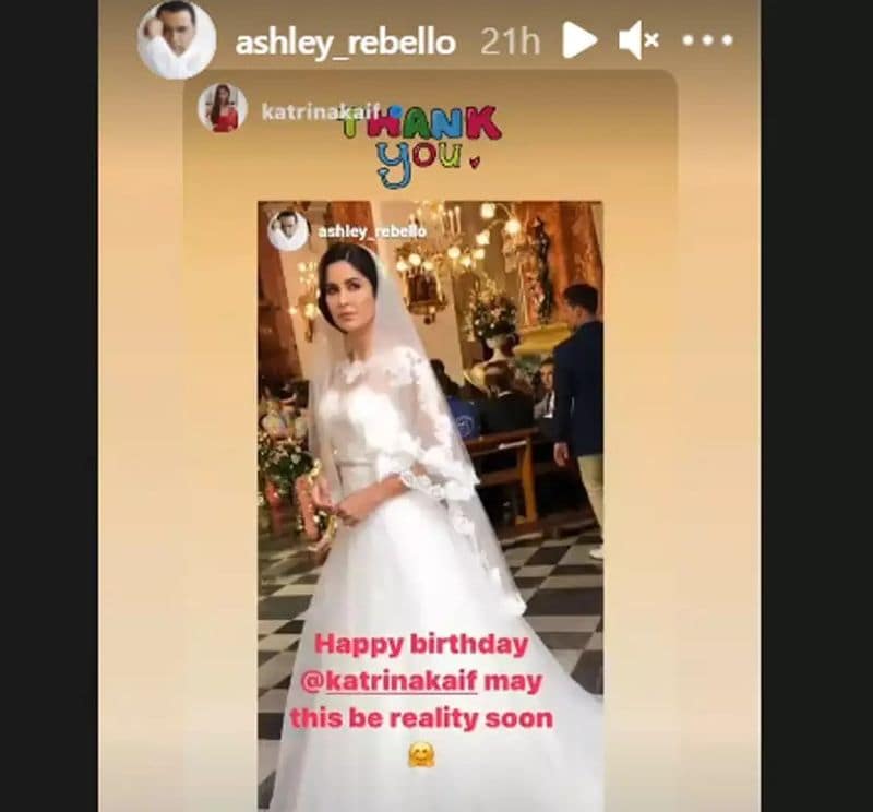 Ashley Rebello, who is Salman Khan's personal stylist, shared a photo of Katrina all decked up in a white wedding gown from the sets of their 'Bharat' and wrote a birthday wish that read, "Happy Birthday @KatrinaKaif may this be reality soon."

