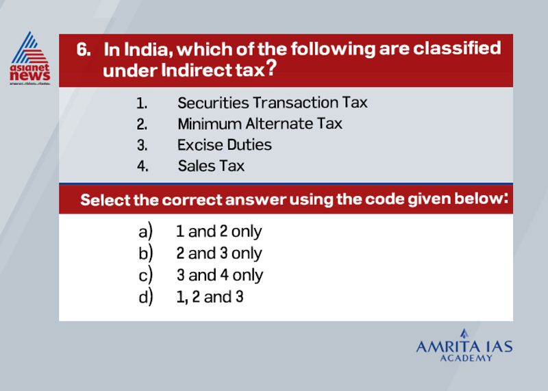 Answer (c)
Income tax, corporate tax, Securities transaction tax and Minimum Alternate Tax are examples of Direct tax.
Excise duty, Custom duty, Sales tax and Service tax are examples of Indirect Tax.
